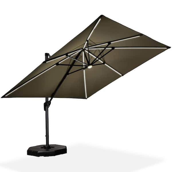 PURPLE LEAF 10 ft. Square Aluminum Cantilever Solar Powered LED Offset 360° Rotation Umbrella with Wheels Base, Beige