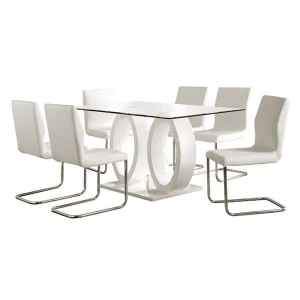 Furniture of America Apollina Contemporary 7-Piece Rectangle White and Chrome Glass Top Dining Set