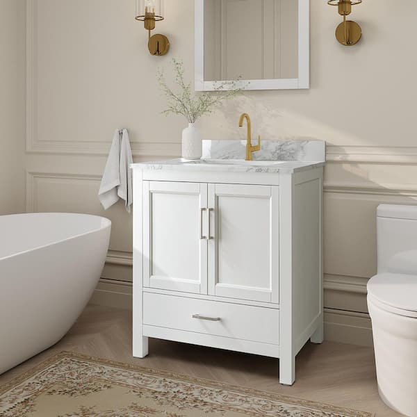 Kiele 30 in. W x 22 in. D x 34 in. H Bath Vanity in White with White Carrara Marble Top with Basin