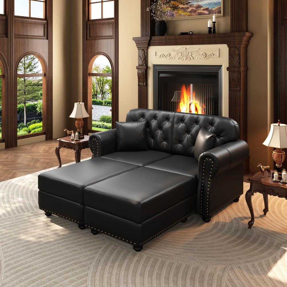 Dwayne 63 in. Rolled Arm Faux Leather Upholstery Rectangle Sectional Sofa in Black with 2 Ottomans, 2 Pillows price history on PriceWatchPro
