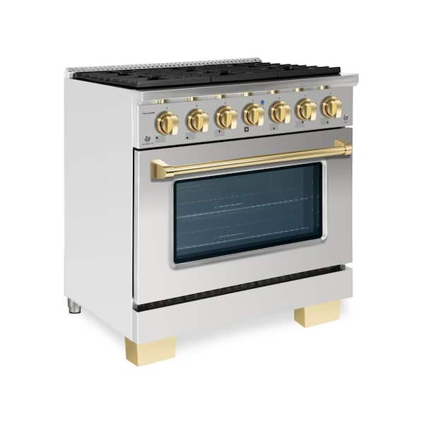 BOLD 36" 5.2CuFt 6 Burner Freestanding Dual Fuel Range with Gas Stove and Electric Oven, Stainless steel with Brass Trim