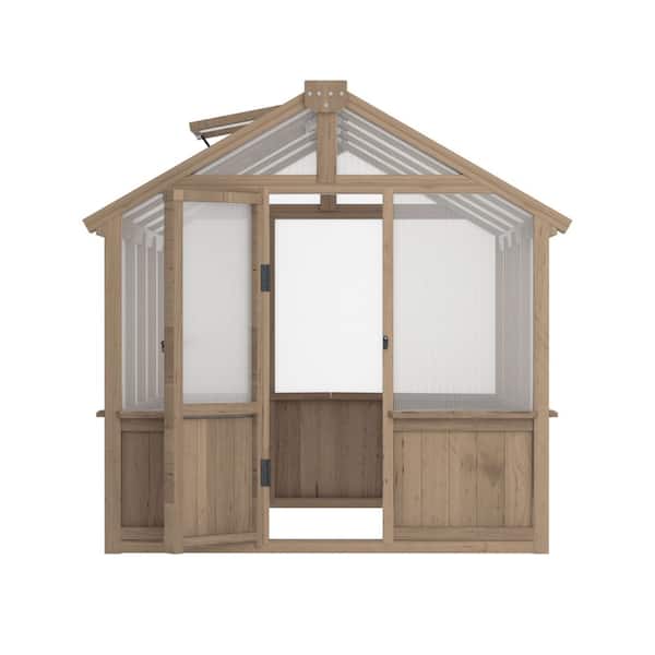 Starfree 6 ft. x 8 ft. Wooden Greenhouse with Pergola for Outdoor Garden, Polycarbonate Walk-in Green House with Roof Vent, Mocha