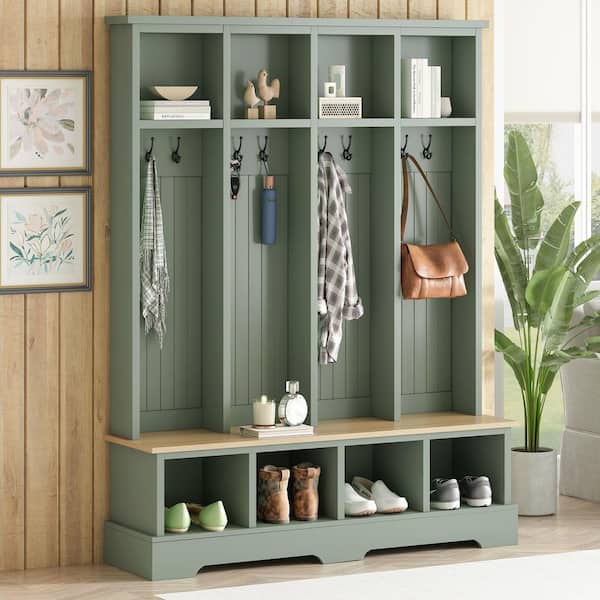 Modern 3-in-1 Green Wood Hall Tree with 8 Hooks, Coat and Shoe Rack, Practical Entryway Bench