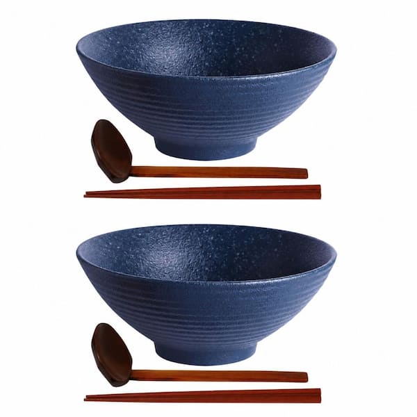 60 fl. oz. Navy Ceramic Ramen Noodle Soup Bowl with Wood Spoons and Chopsticks Set of 2 9 x 2.2 x 2.2 in.