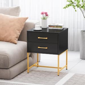17.7 in. W Black Square Wood Side Table Bedside Table Nightstand with 2-Drawer and Metal Legs