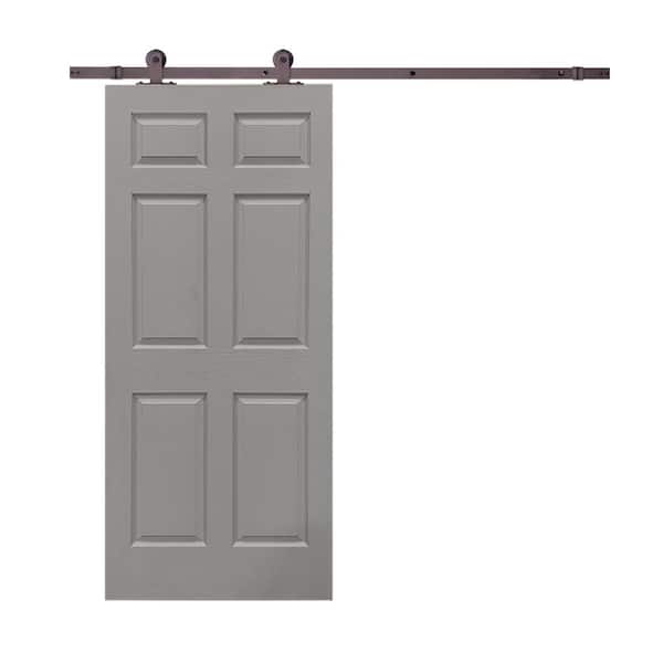 CALHOME 30 in. x 80 in. Light Gray Painted Composite MDF 6-Panel Interior Sliding Barn Door with Hardware Kit