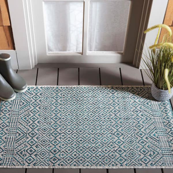 Courtyard Gray/Aqua 2 ft. x 4 ft. Geometric Diamond Indoor/Outdoor Area Rug