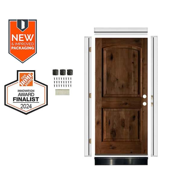 DIY 36 in. x 80 in. Knotty Alder 2-Panel Left-Hand Arch Provincial Stain Wood Front Door Kit w/ Quick Assemble Jamb