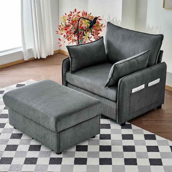 Estelle Gray Fabric Upholstered Chaise Lounge with Movable Storage Ottoman, USB Ports, Side Pockets, Phone Holder