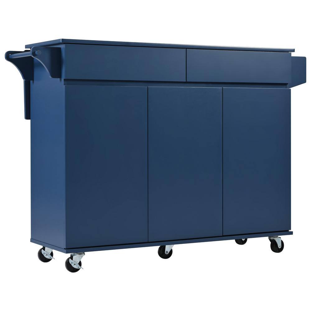 Navy Blue Wood 53.15 in. Drop Leaf Kitchen Island Kitchen Storage with Adjustable Shelves and 2-Drawer
