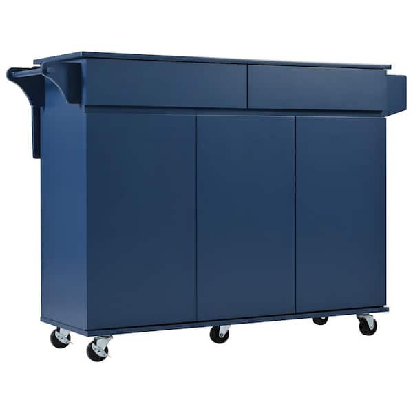 Cesicia Navy Blue Wood 53.15 in. Drop Leaf Kitchen Island Kitchen Storage with Adjustable Shelves and 2-Drawer