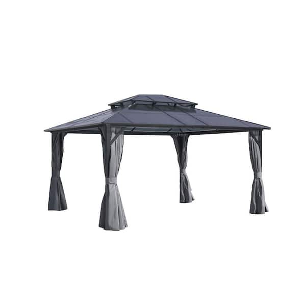 12 ft. x 16 ft. Gray Metal Patio Hardtop Gazebo with Double Roof Canopy, Curtains, Netting