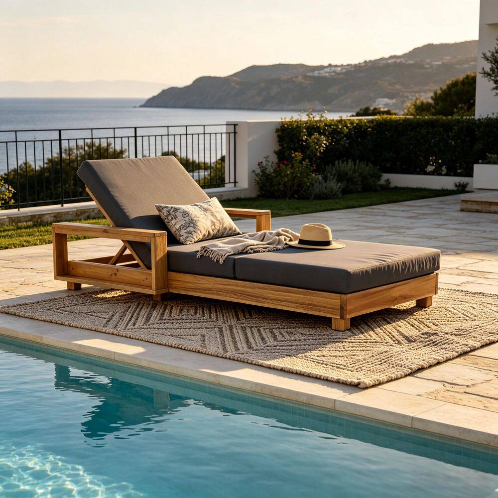 Fox Light Natural Acacia Wood Outdoor Patio Chaise Lounge with Dark Grey 3-Fold Cushion and Adjustable Backrest