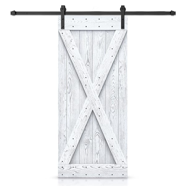 CALHOME 22 in. x 84 in. X Bar Ready To Hang Wire Brushed White Thermally Modified Solid Wood Sliding Barn Door with Hardware Kit