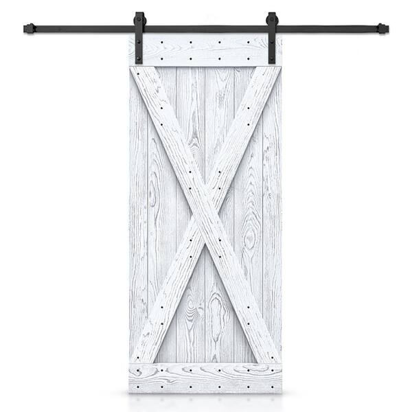 CALHOME 24 in. x 84 in. X Bar Ready To Hang Wire Brushed White Thermally Modified Solid Wood Sliding Barn Door with Hardware Kit