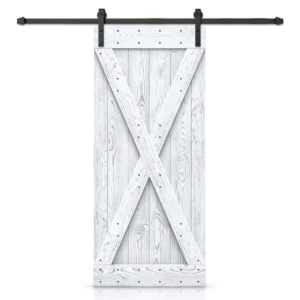 CALHOME 32 in. x 84 in. X Bar Ready To Hang Wire Brushed White Thermally Modified Solid Wood Sliding Barn Door with Hardware Kit