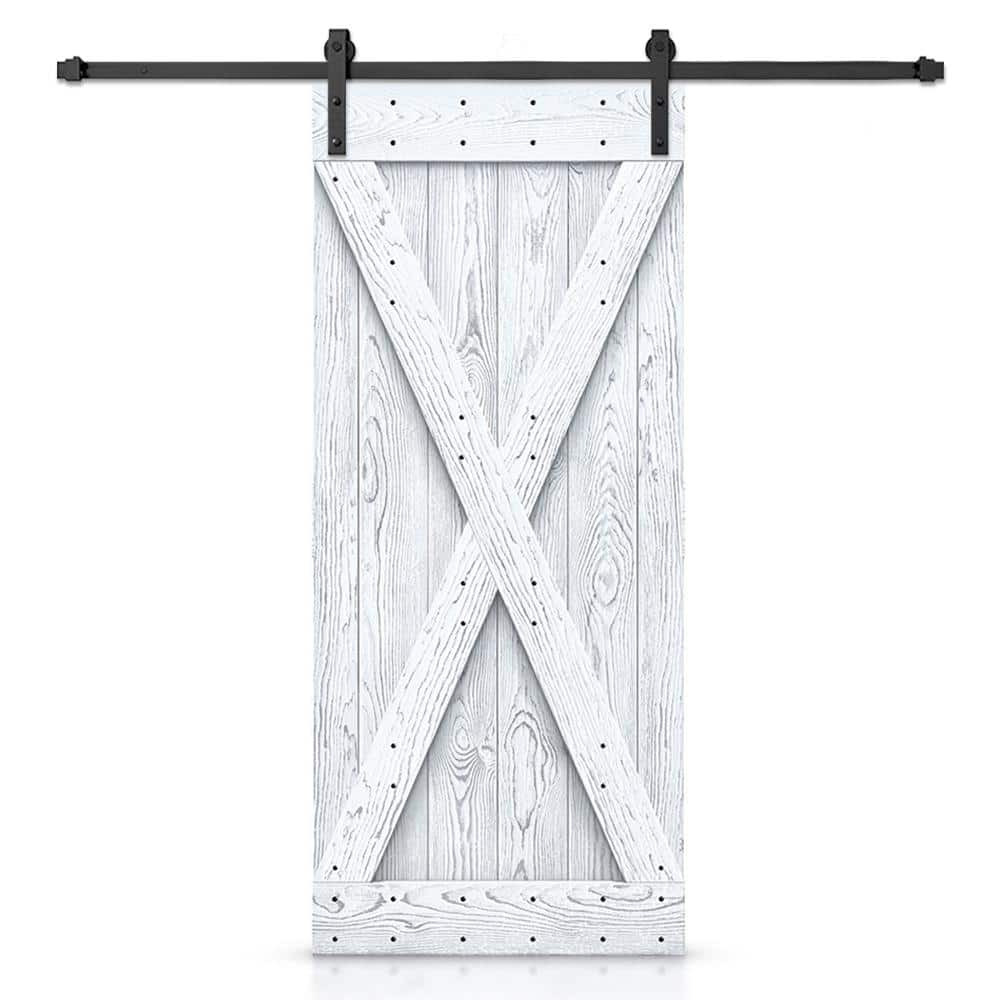 CALHOME 34 in. x 84 in. X Bar Ready To Hang Wire Brushed White Thermally Modified Solid Wood Sliding Barn Door with Hardware Kit