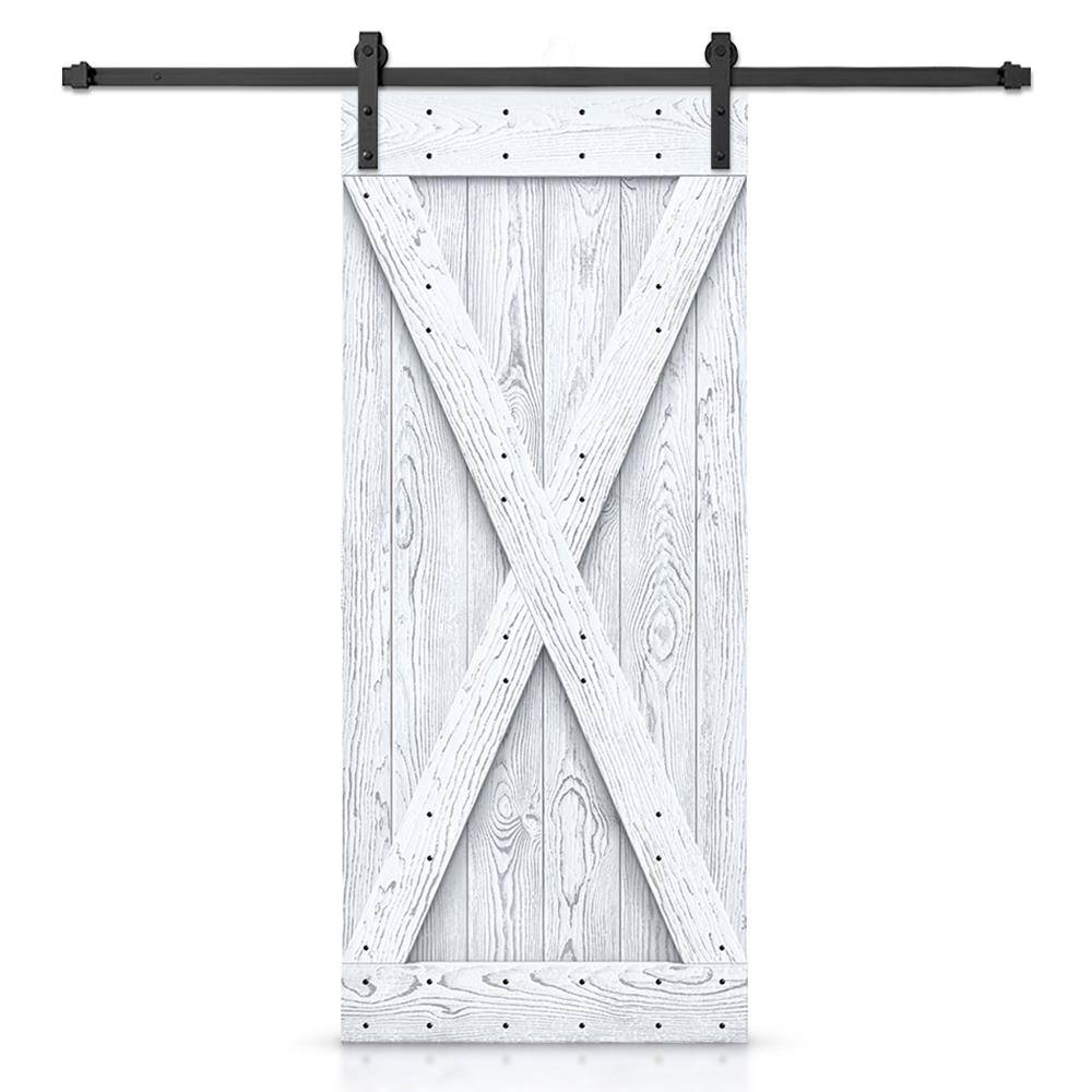 CALHOME 40 in. x 84 in. X Bar Ready To Hang Wire Brushed White Thermally Modified Solid Wood Sliding Barn Door with Hardware Kit