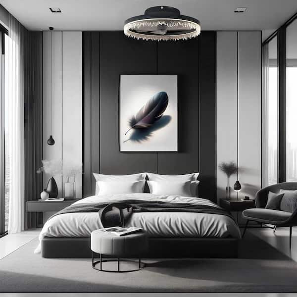 16 in. Indoor Black Housing Low Profile Reversible Ceiling Fan with Dimmable Integrated LED and Circular Ice-Like Shade