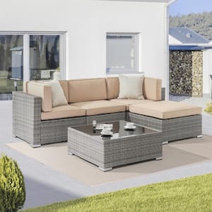 5-Piece Rattan Wicker Patio Conversation Sectional Seating Set with Lake Blue Cushions