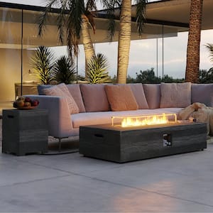 56 in. Rectangular Magnesium Oxide Outdoor Fire Pit Table with Tank Cover, Wind Guard and Rain Cover in Dark Gray