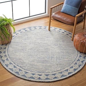 Abstract Ivory/Navy 8 ft. x 8 ft. Geometric Striped Round Area Rug