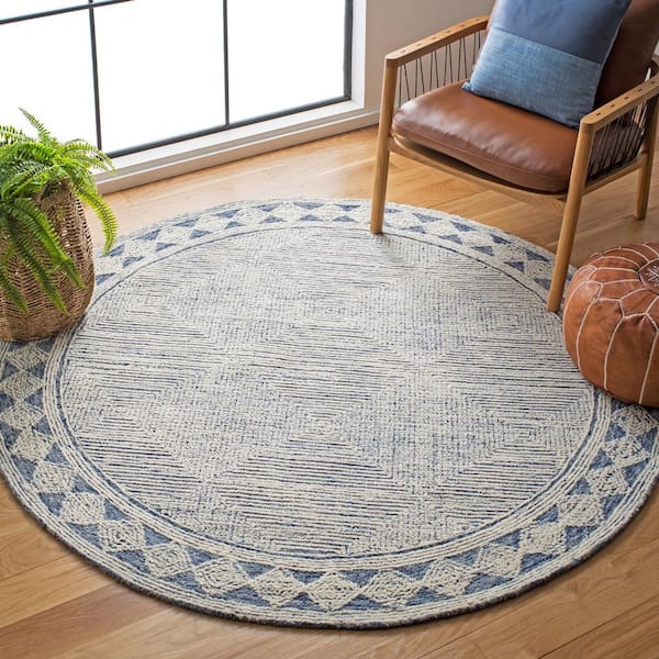 Abstract Ivory/Navy 8 ft. x 8 ft. Geometric Striped Round Area Rug