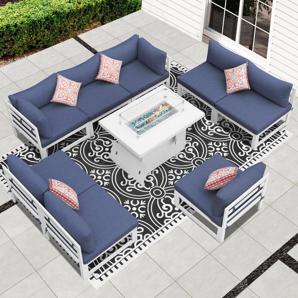 Extra Large White 9-Piece Aluminum Patio Fire Pit Conversation Set Deep Sea