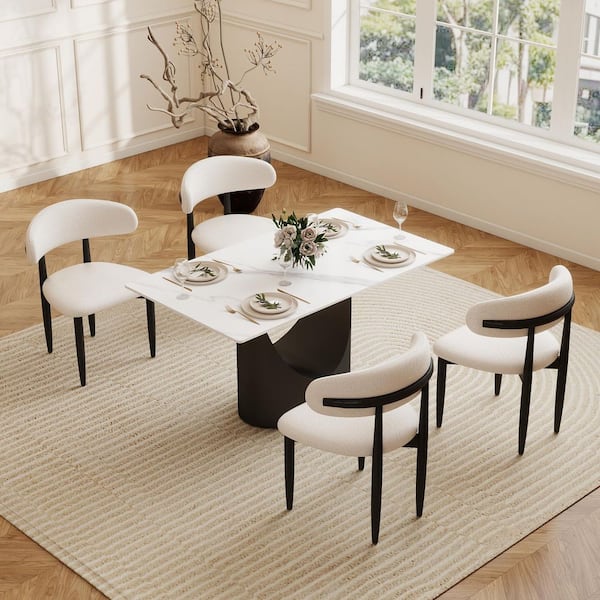 55 in. White Sintered Stone Tabletop with Pedestal Dining Table with Black Base (Seats 4)
