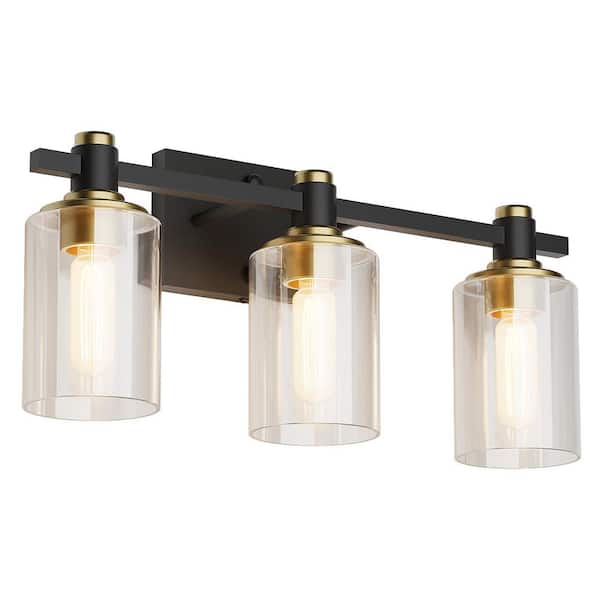 JUSHENG 17 in. 3-Light Black and Gold Bathroom Vanity Light with Clear Glass shades for Mirror and Vanity
