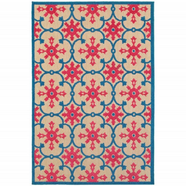 Blue, Beige 4 ft. x 5 ft. Loomed Oriental Polypropylene Rectangle Indoor/Outdoor Area Rug