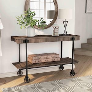 Bargib 47.25 in. Black and Dark Walnut Rectangle Wood Console Table with Wheels
