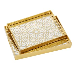 Gold Plastic Mirrored Geometric Decorative Tray (Set of 2)