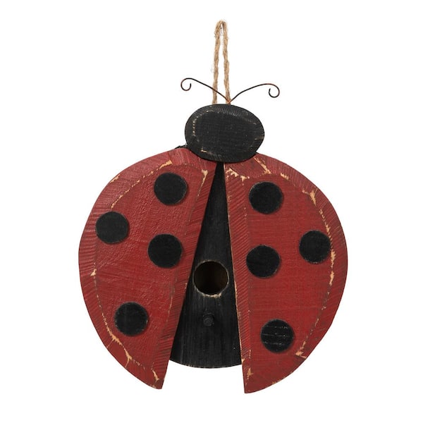 Glitzhome 11.5 in. H Distressed Solid Wood Ladybug Birdhouse (KD)