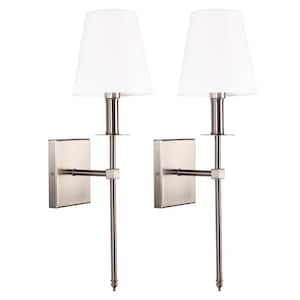 1-Light Satin Nickel Wall Sconce with White Fabric Shade(2-Pack)