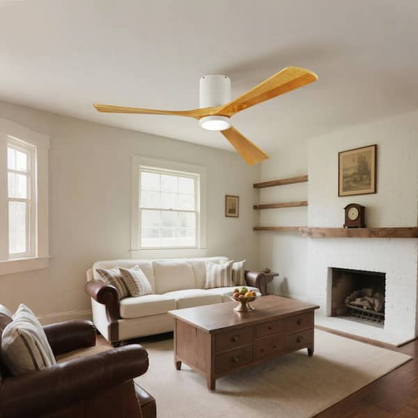 42 in. Smart White 6-Speed Solid Wood Brown Blade Flush Mount Ceiling Fan with 3-Color LED Light and APP, Remote Control