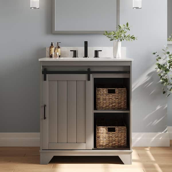 30 in. Single Sink Freestanding Bath Vanity in Gray with White Cultured Marble Top, 2-Baskets and Sliding Barn Door