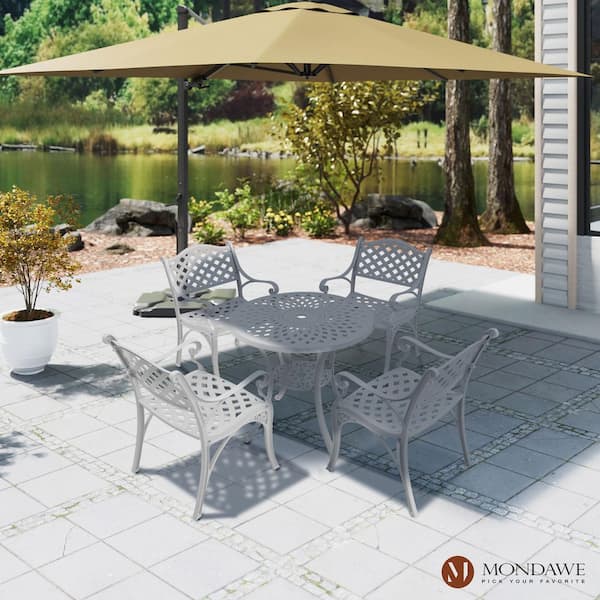 5-Piece White Cast Aluminum Standard Height Outdoor Dining Set with 31 in. Round Table and 2-Dining Chairs