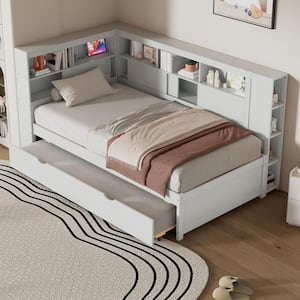 White Twin Size Wood Daybed with Storage Shelves, Built-in Charging Station and Twin Size Trundle