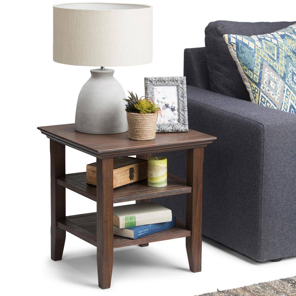 Acadian Rustic Farmhouse Brown Square Wood End Table with Shelves