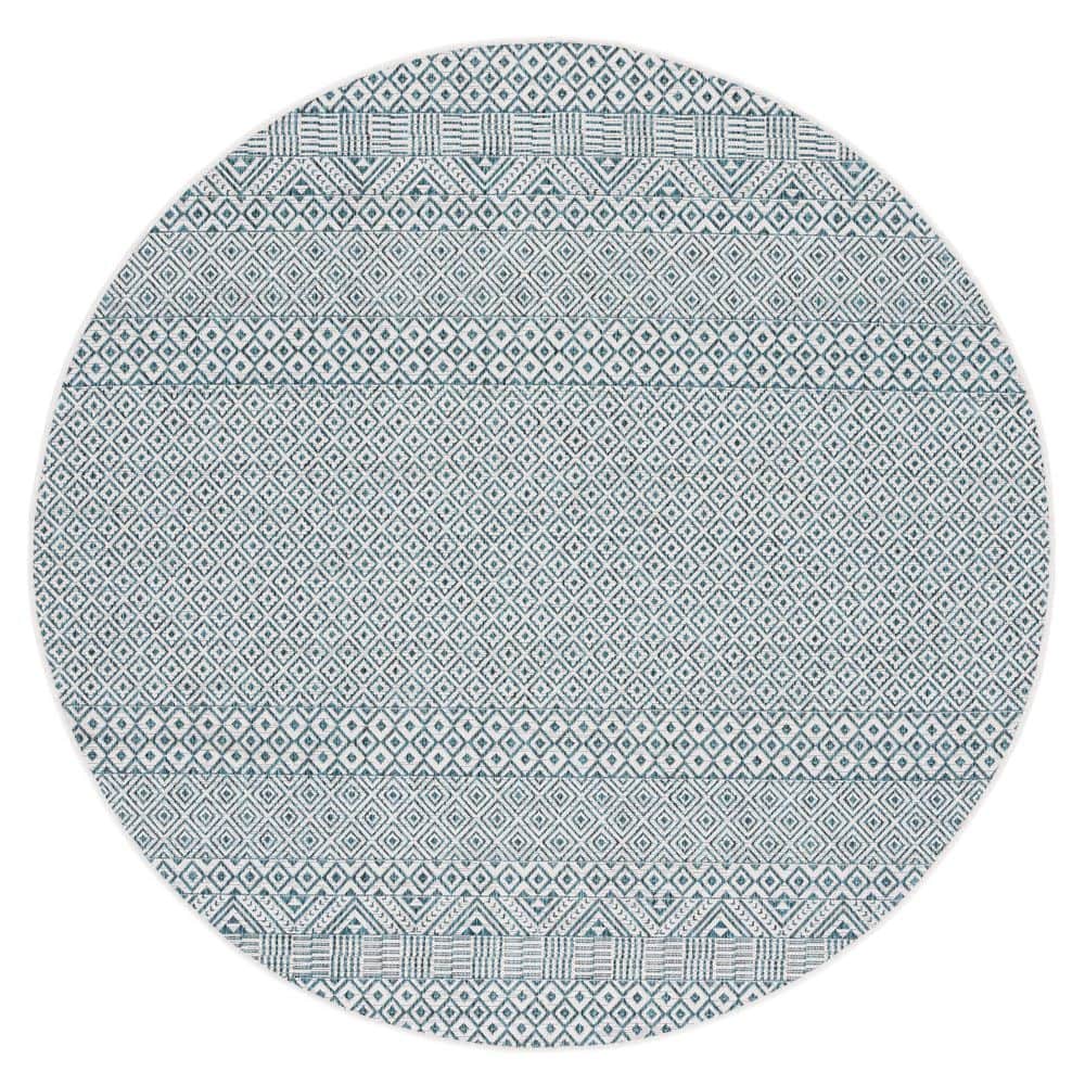 Courtyard Ivory/Aqua 7 ft. x 7 ft. Geometric Diamond Indoor/Outdoor Round Area Rug price history on PriceWatchPro