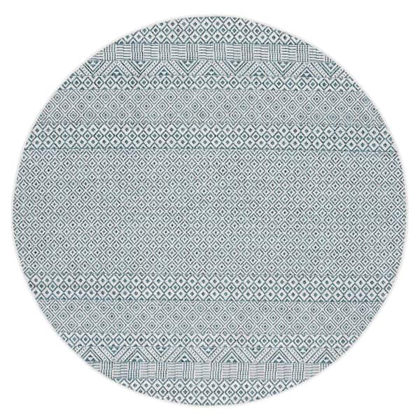 Courtyard Ivory/Aqua 7 ft. x 7 ft. Geometric Diamond Indoor/Outdoor Round Area Rug