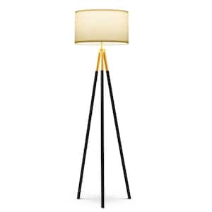 Levi 61 in. Antique Brass Mid-Century Modern 1-Light LED Energy Efficient Floor Lamp with White Fabric Drum Shade