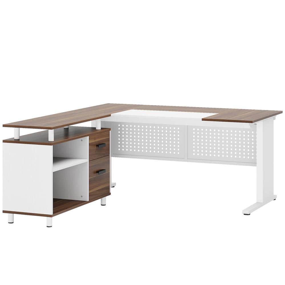 Halseey 63 in. L Shaped Brown and White Wood 2-Drawer Office Executive Desk Large Computer Desk with File Cabinet