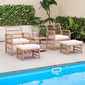 5-Piece Rattan Wicker Patio Conversation Set with 2-Tier Coffee Table and 2 Ottomans and Off White Cushions