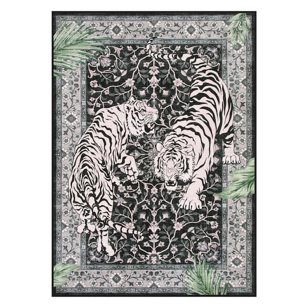 5 ft. x 7 ft. Black Vintage Tiger Washable Non Slip Soft Living Room Bedroom Area Rug