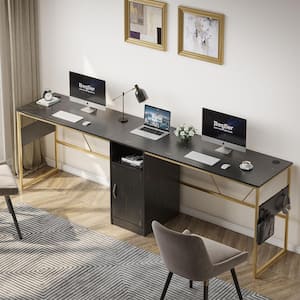 60 in. L shaped Black Wood Desk with Cabinet and Hooks