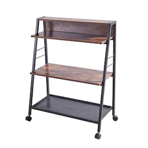 35 in. H Brown Wood 3-Shelf Ladder Bookcase with Open Back and Wheels