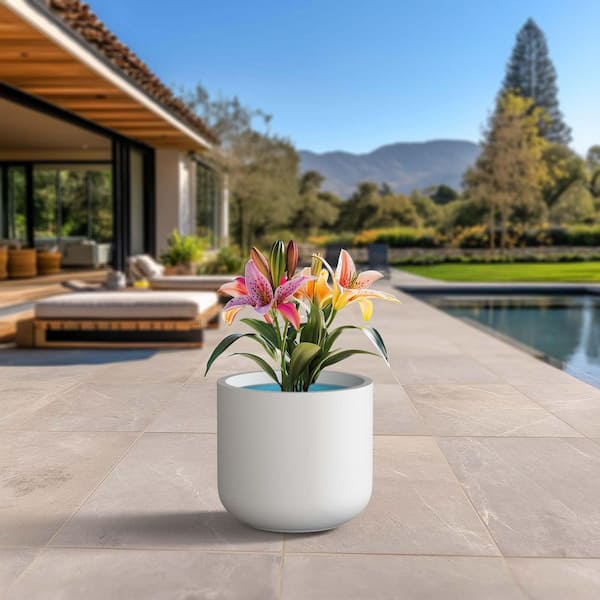 17.5 in. Large Crisp White (Enhanced Interior) Concrete Round Planter / Pot with Drainage Holes