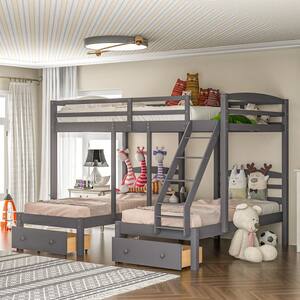 Gray Full Over Twin and Twin Bunk Bed Triple Bunk Bed with Drawers